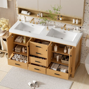 English Elm [video]59.3 Inch Wall Mounted Double Sink Vanity Wood Grain Mdf Soft Close Storage N729P000013O