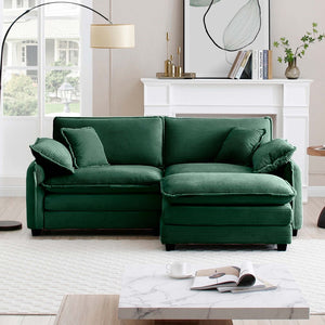 English Elm Two-Seater Sofa With Ottoman - Stylish L-Shaped Green Corduroy Couch For Small Spaces & Comfort W714S00730-GIGA