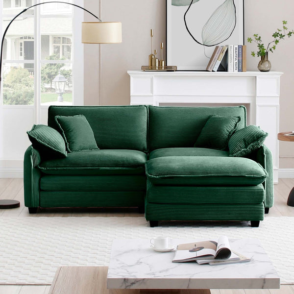 English Elm Two-Seater Sofa With Ottoman - Stylish L-Shaped Green Corduroy Couch For Small Spaces & Comfort W714S00730-GIGA