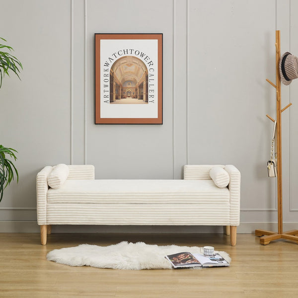 English Elm 65.35"wide Corduroy Storage Bench with Flip Top Bolster Pillows and Padded Backrest Ivory W3118P410499