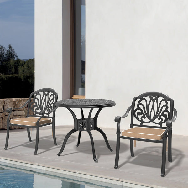 English Elm 3-Piece Elegant Cast Aluminum Patio Set With Brown Cushions – Durable, Space-Saving Design For Two! W1710S00055