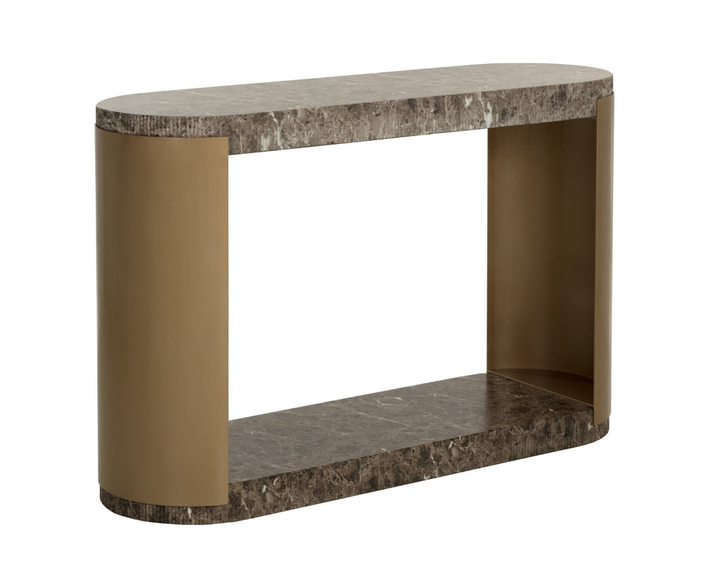 Sunpan CAVETTE Console Table - Dark Emperador Marble-Look with Brass Frame for Entryway & Living Spaces 112636