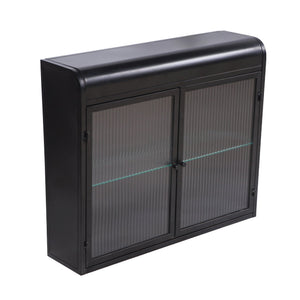 English Elm 2-Door Wall-Mounted Metal Storage Cabinet Antique Black with Fluted Tempered Glass Shelves & Knobs W3122P272920