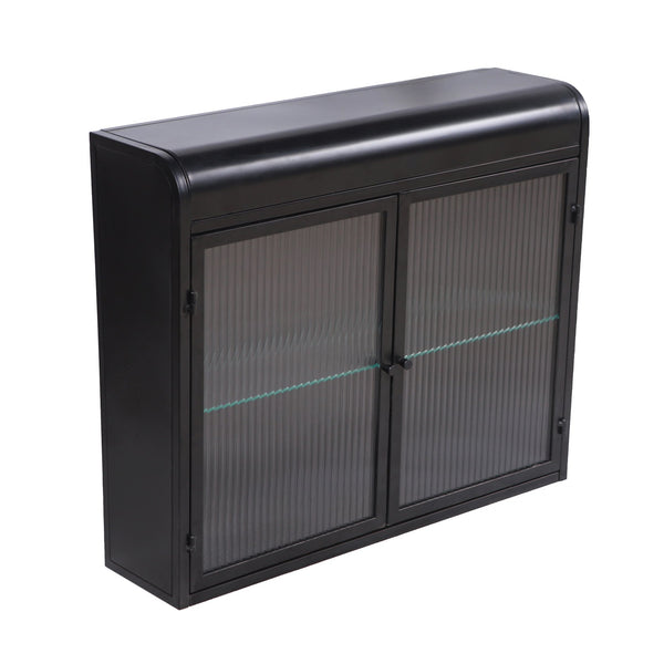 English Elm 2-Door Wall-Mounted Metal Storage Cabinet Antique Black with Fluted Tempered Glass Shelves & Knobs W3122P272920