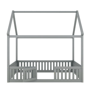 English Elm Full Size Pine House Bed with Pitched Roof Fence and Door for Kids Playroom WF531502AAE