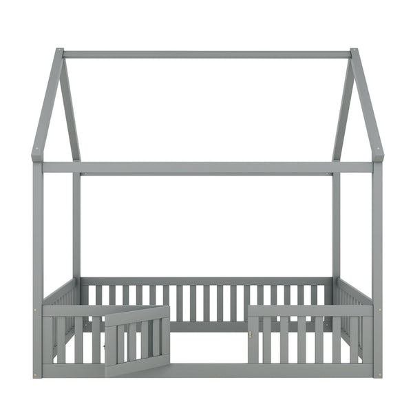 English Elm Full Size Pine House Bed with Pitched Roof Fence and Door for Kids Playroom WF531502AAE