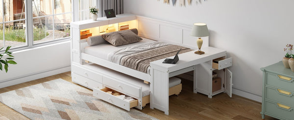 English Elm Full Size Multifunctional Daybed with Trundle Desk Led Lighting and Built in Storage White N7090000475K