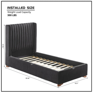 English Elm Twin Corduroy Upholstered Platform Bed Frame with Headboard, Rubber Plywood Slats, No Box Spring Needed Black W2582S00060