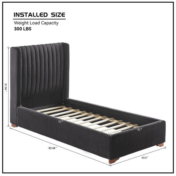 English Elm Twin Corduroy Upholstered Platform Bed Frame with Headboard, Rubber Plywood Slats, No Box Spring Needed Black W2582S00060