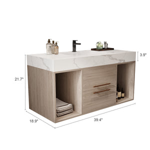 English Elm 39.4'' Floating Bathroom Vanity with Ceramic Sink and Sintered Stone Top, Wall-Mount Modern Design White + Light Oak W3136S00003