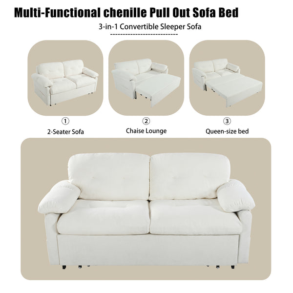 English Elm Convertible Pull Out Sofa Bed Queen Size with Steel Frame, Dual Armrests, Chenille Sleeper Couch with Storage and Casters Beige W3163P269692