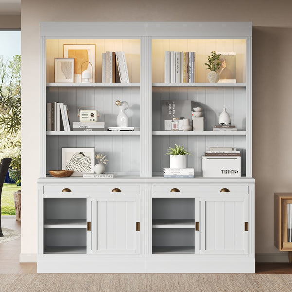 English Elm 83.4"Tall White Bookshelf Suite With Led Lighting, Sliding Doors & Drawers For Stylish Storage Solutions N751S059620K