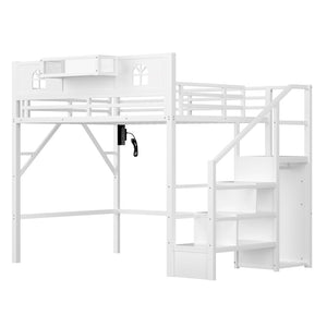 English Elm Full Size Steel Loft Bed with Staircase Storage Wardrobe Desk and Led Lighting White W2593S00056