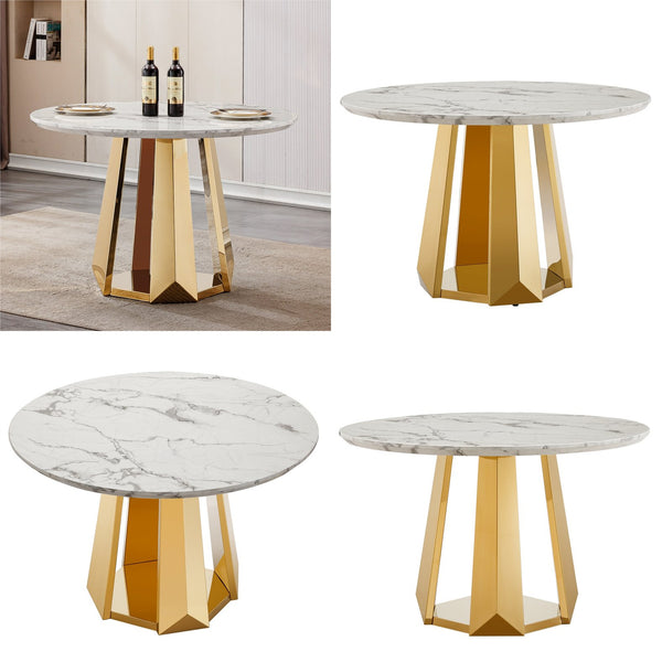 English Elm 47" Round Marble Dining Table - Modern High-Gloss Faux Marble Top & Stainless Steel Base For Chic Dining W3456S00036