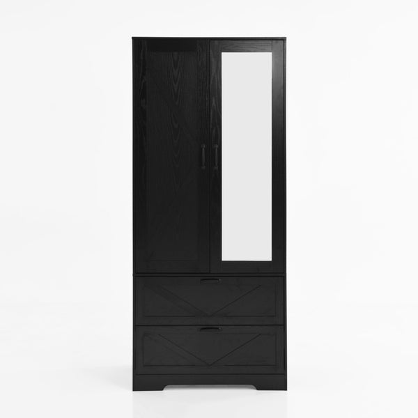 English Elm 2 Door Wardrobe Closet with Full Length Mirror Motion Light Hanging Rod and Drawers Black W409P266778