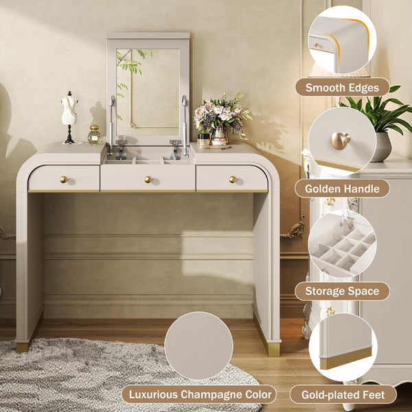 English Elm Classic Flip Top Vanity Desk with Gold Accents 2 Drawer Retro Bedroom Dressing Table Champagne N704P381406C