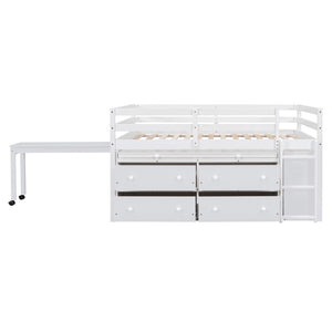 English Elm Full Size Kids Loft Bed Pinewood Frame Dual Study Desks Drawers and Open Shelving White LT000369AAK