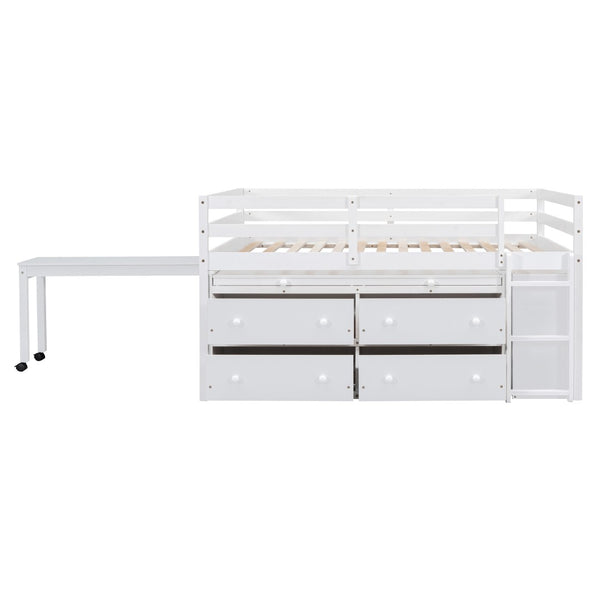 English Elm Full Size Kids Loft Bed Pinewood Frame Dual Study Desks Drawers and Open Shelving White LT000369AAK