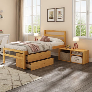 English Elm Twin Size Wood Platform Bed With Removable Storage Shelves, Built-In Two Storage Drawers For Added Convenience, Natural