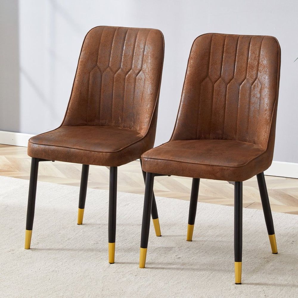 English Elm Brown Velvet Dining Chair Set of Two with Black Metal Legs and Gold Accent Detail W1151P211986