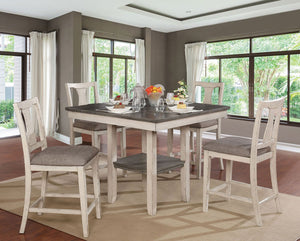 English Elm Dining Rustic Country Counter Height 5pc Dining Set with Plank Table, Open Shelf & Padded Chairs Antique White+Gray,Gray 45 L x 45 W x 21 H B2741P301879