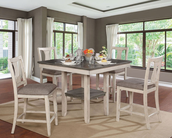 English Elm Dining Rustic Country Counter Height 5pc Dining Set with Plank Table, Open Shelf & Padded Chairs Antique White+Gray,Gray 45 L x 45 W x 21 H B2741P301879