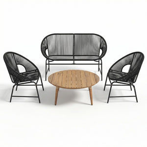 English Elm Nusa Outdoor Pe Rattan Conversation Set with Acacia Wood Coffee Table Patio Black,Natural NUSA4PCSET-BLK