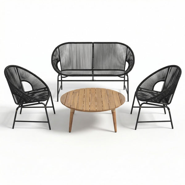 English Elm Nusa Outdoor Pe Rattan Conversation Set with Acacia Wood Coffee Table Patio Black,Natural NUSA4PCSET-BLK