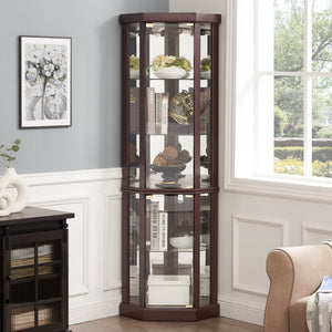 English Elm Corner Lighted Curio Cabinet with Mirrored Back Glass Shelves Classical Living Room Display Cherry W2275P194425