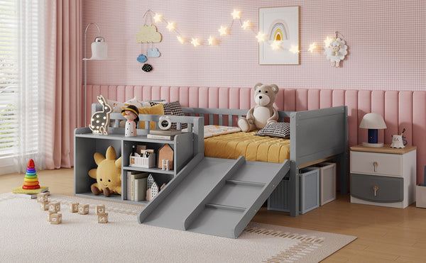 English Elm Twin Low Loft Bed for Kids with Slide Climbing Structure and Movable Bookshelf W2593P457237