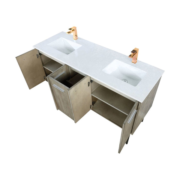 English Elm Rustic Acacia Double Bath Vanity 60" W X 20" D With White Quartz Top & Elegant Rose Gold Faucet Set B2731P259632-GIGA