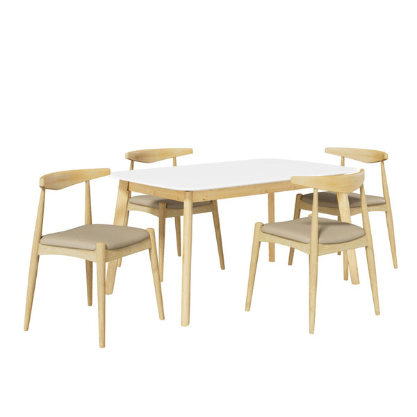 English Elm [video] 5-piece Mid-century Dining Set Rubberwood Frame Faux Leather Chairs Kitchen N759S006011E