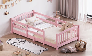 English Elm Twin Montessori Floor Bed Solid Pine Frame with Safety Guardrails for Kids Bedroom Pink N733P400298H