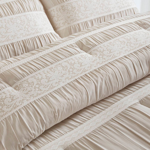 English Elm 7-piece King Jacquard Comforter Set Lace Detail Chambray Cottage Bedroom Ensemble Neutral B035P482889