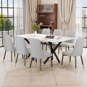 English Elm 1 Table and 8 Chairs. A Rectangular Dining Table With A White Imitation Marble Tabletop and Black Metal Legs. Paired With 8 Chairs, Equipped With Pu Leather Seat Cushions and Black Metal Legs. F-1538