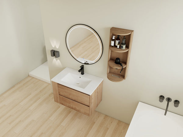 English Elm 30" Wall-Mounted Bathroom Vanity With Ceramic Sink, 2 Soft-Close Drawers & Space-Saving Rack W999S00343