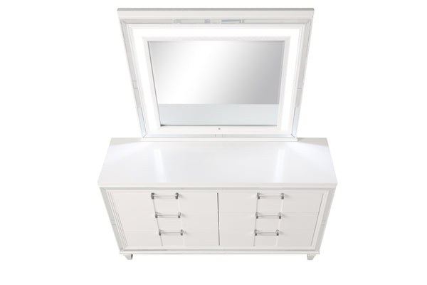 English Elm Genoa Six Drawer Dresser Art Deco Glam White Lacquer with Mirror Trim Accents B078P497937