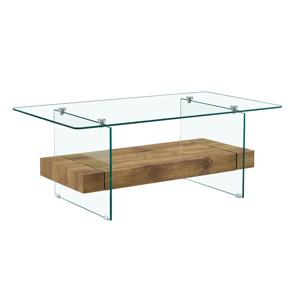 English Elm ectangular floating coffee table with two-tier storage, tempered glass legs, modern natural wood finish W2920P226066