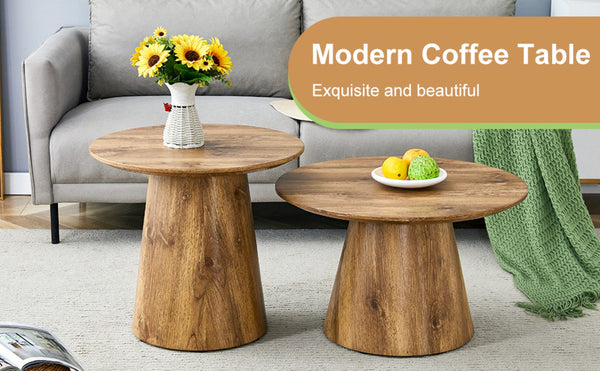 English Elm Nested Round Coffee Table Set Two Piece Wood Grain Veneer for Living Room or Office W2920S00113