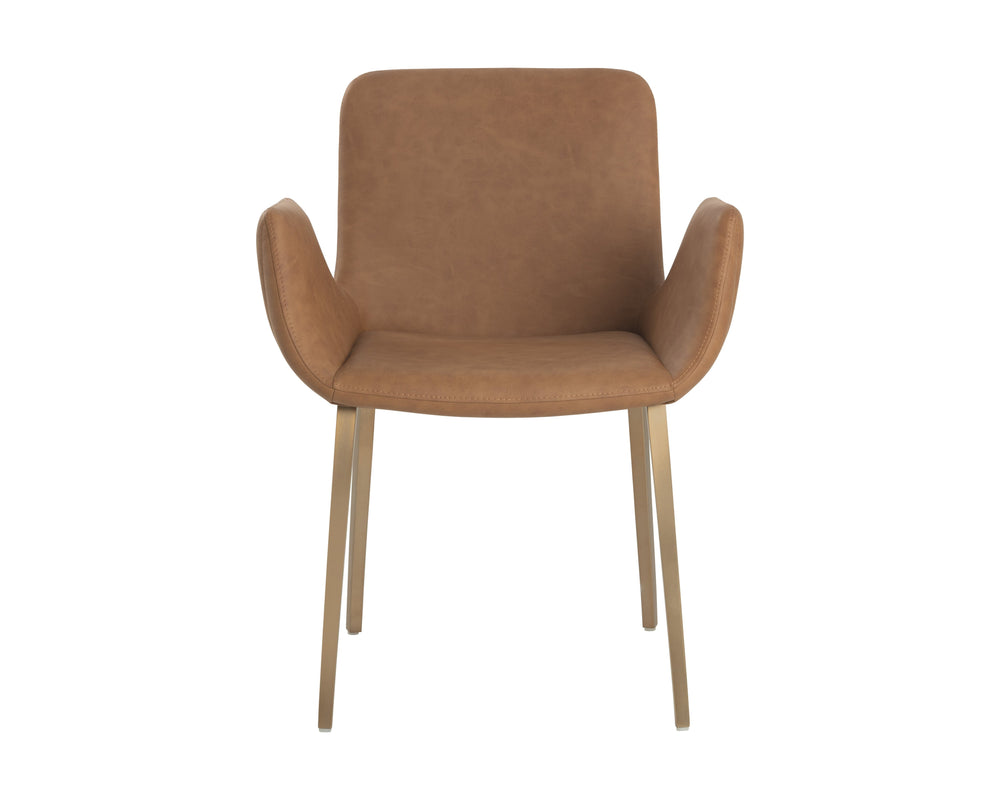 Sunpan Lucano Dining Armchair - Elegant Scooped Design With Gold Stainless Steel Legs For Modern Spaces Brown Faux Leather 111852
