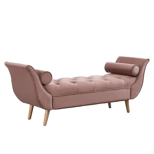 English Elm Upholstered Velvet Tufted Bench with Bolster Pillows Solid Oak Legs Bedroom Entryway Pink N761P304407H