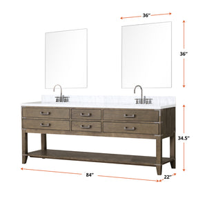 English Elm Grey Oak Double Bath Vanity Set With Carrara Marble Top, Chrome Faucets, & 36" Mirrors For Elegance B2731S01920