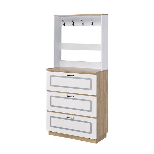 English Elm Light Oak 12-Pair Shoe Cabinet with 3 Drop-Down Drawers, 10 Metal Hooks, Durable 15mm Shelves - Space-Saving Entryway Storage (47.5" H x 32.5" W x 12.5" D) B062P189216