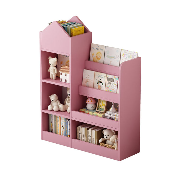English Elm Pink Kids Wooden Bookshelf Toy Organizer with 6 Compartments, 2 Bins & Cubby Shelves - Sturdy MDF Storage for Nursery W2876P233556