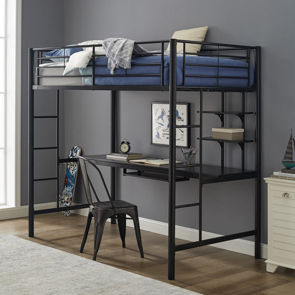 English Elm Walker Edison - Twin Metal Loft Bed Workstation Black — Detachable Desk with Sliding Keyboard Tray & Two Storage Shelves B185P326704