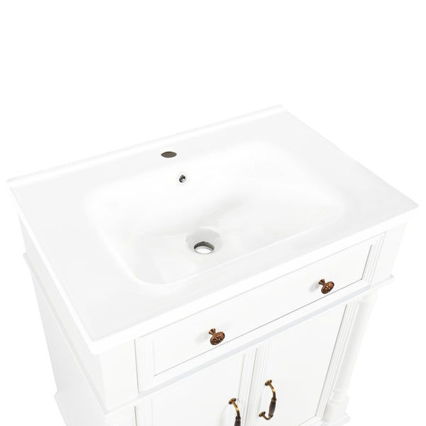 English Elm 27.8" Mid-century Freestanding Bathroom Vanity with Ceramic Sink Drawer and Wood Base White W1801S00006