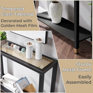 English Elm Glass Console Table Two Tier Tempered Shelf Narrow Foyer Entryway Gold Metallic Frame Black+Gold W3587P456228