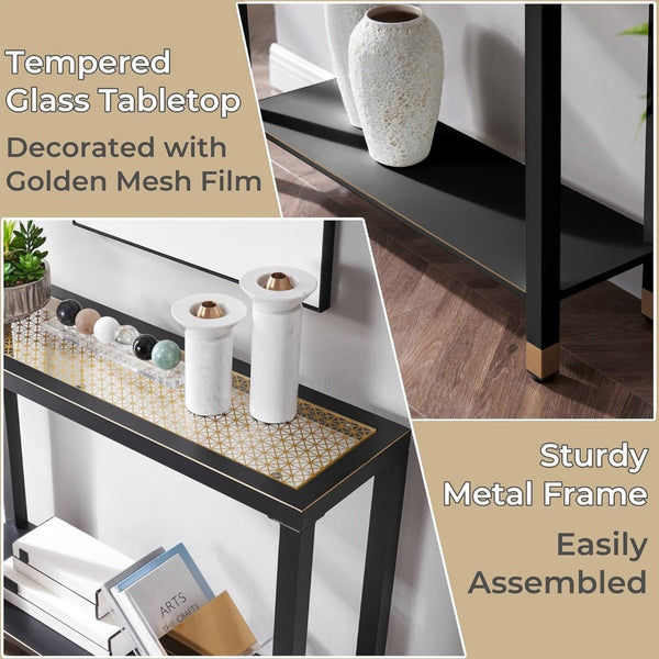 English Elm Glass Console Table Two Tier Tempered Shelf Narrow Foyer Entryway Gold Metallic Frame Black+Gold W3587P456228