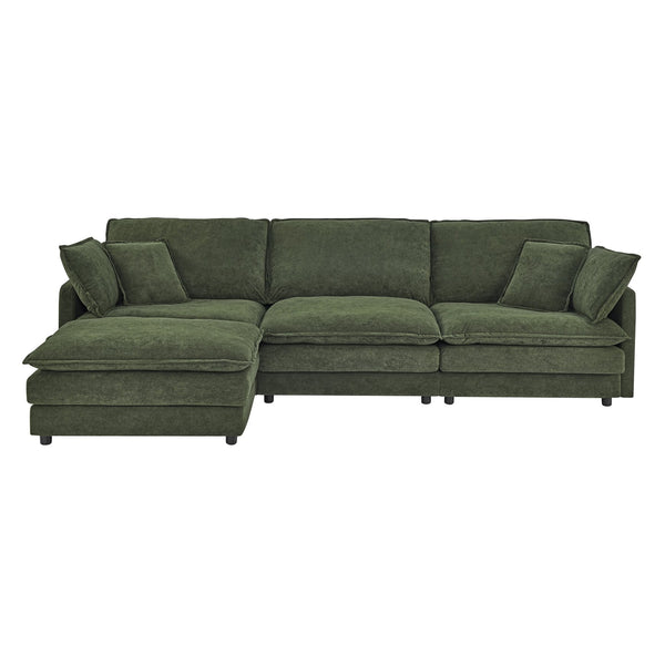 English Elm Modern Sectional Convertible Sofa with Ottoman, Oversized L-Shaped 4-Seater Towel Fabric Comfort Green W1413S00081