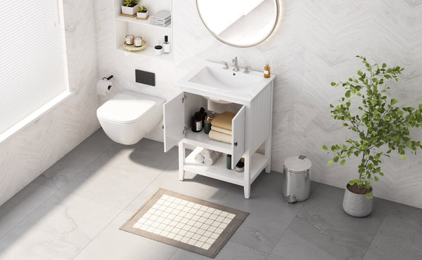 English Elm 24" Morandi White Bathroom Vanity with Ceramic Sink, Solid Wood Frame & Open Shelf, Modern Elegance N725P189823K